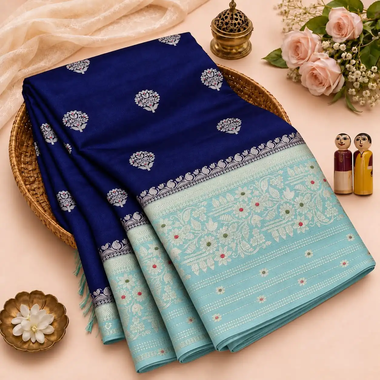 Scattered Floral Booti Semi Silk Saree